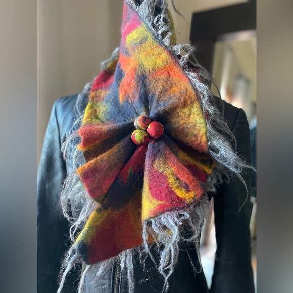 One-of-a-Kind Multi Colored  Merino Wool & Mulberry Silk Scarf – Edgy & Artsy 🌈 - Picture 4 of 7